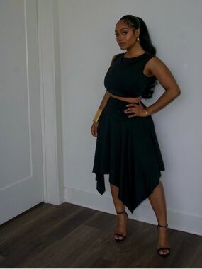 Black Asymmetric Midi Skirt Set